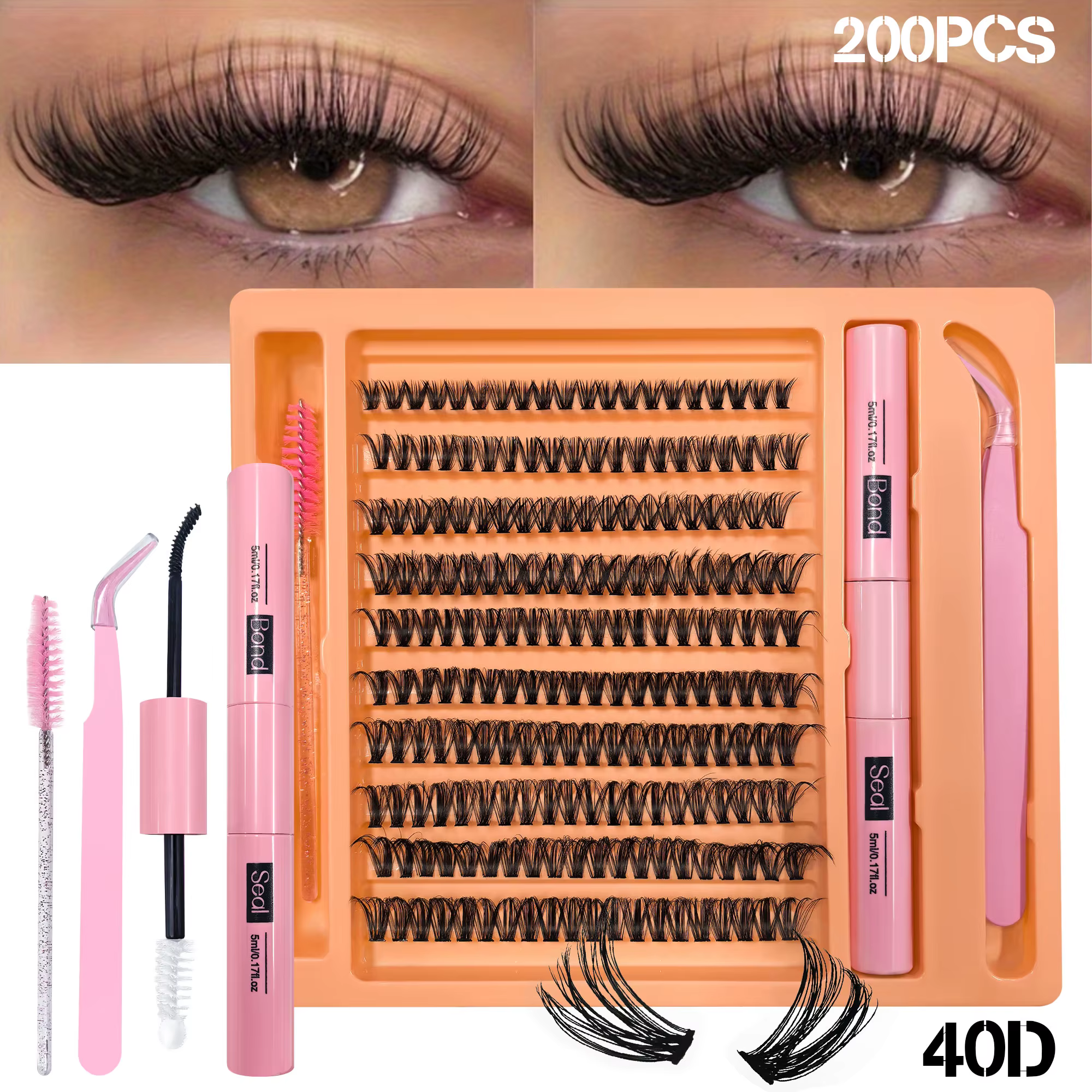 200 bouquets de faux cils simples 40D - comprennent de la colle, des pinces et un pinceau, pour des