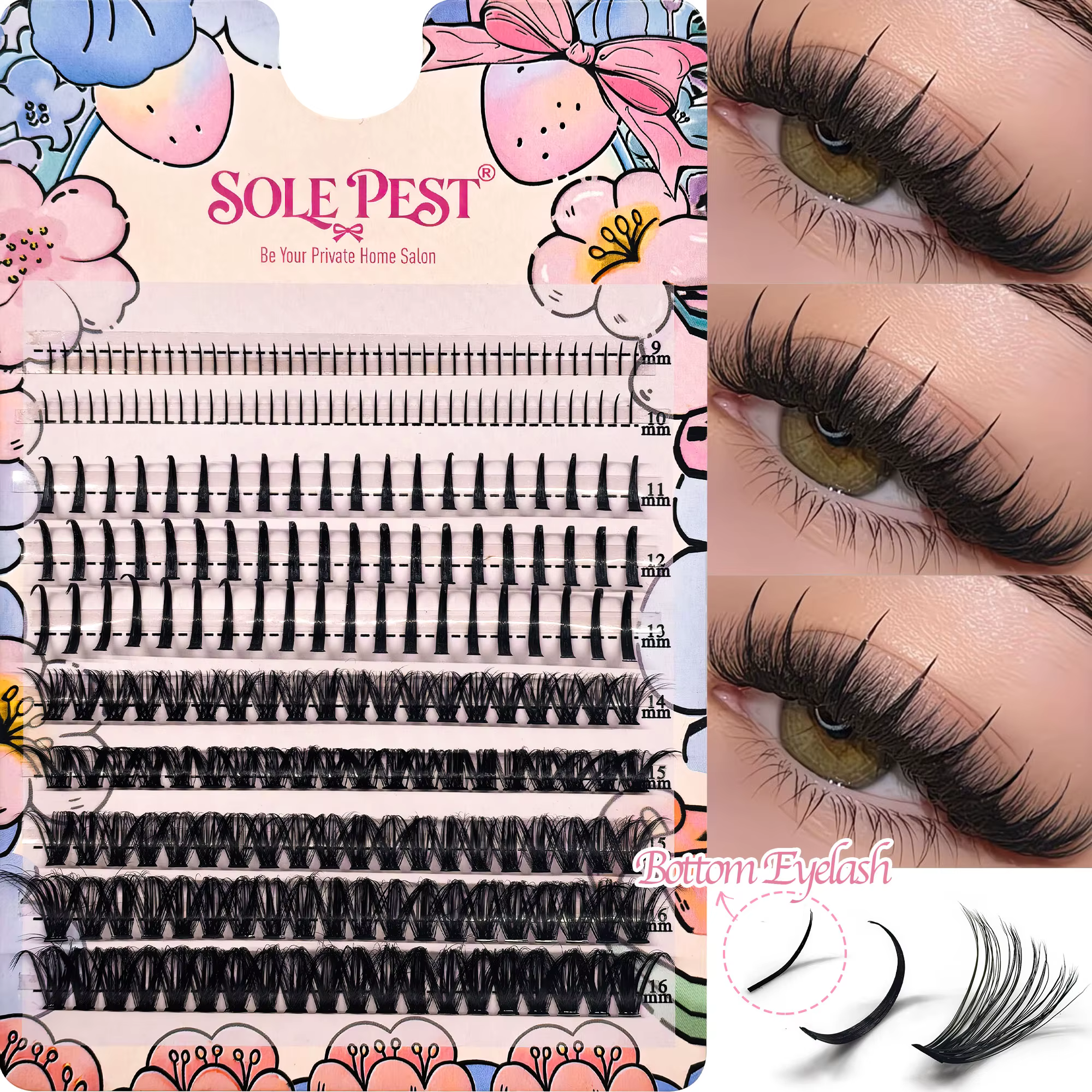 10 rangées de faux cils DIY, cils effilochés de style dessin animé, y compris cils inférieurs et sup