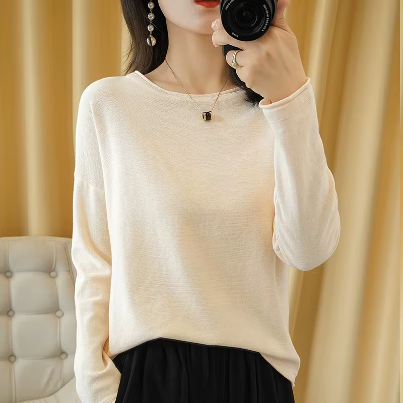 100% coton femmes tricot pull bord serti col rond pull fond pur coton pull printemps automne nouveau
