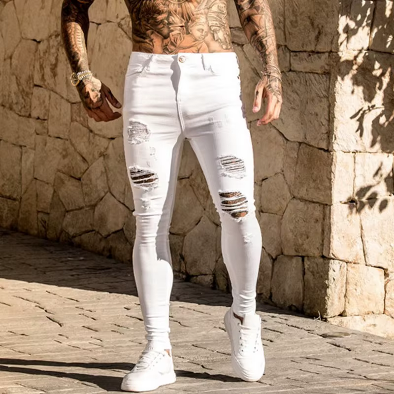 Pantalon Harem en jean déchiré pour homme, coupe ajustée, élastique, décontracté, noir, bleu, blanc,