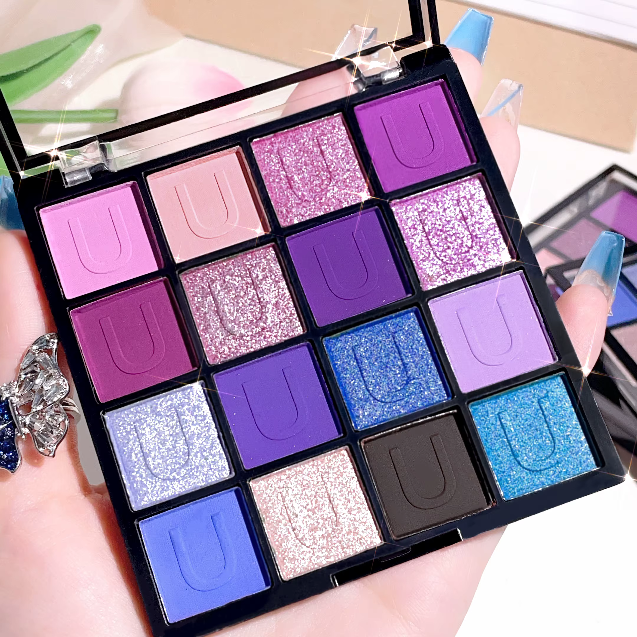 Palette de fards à paupières violets de 16 couleurs, finition paillettes nacrées, cosmétiques de far