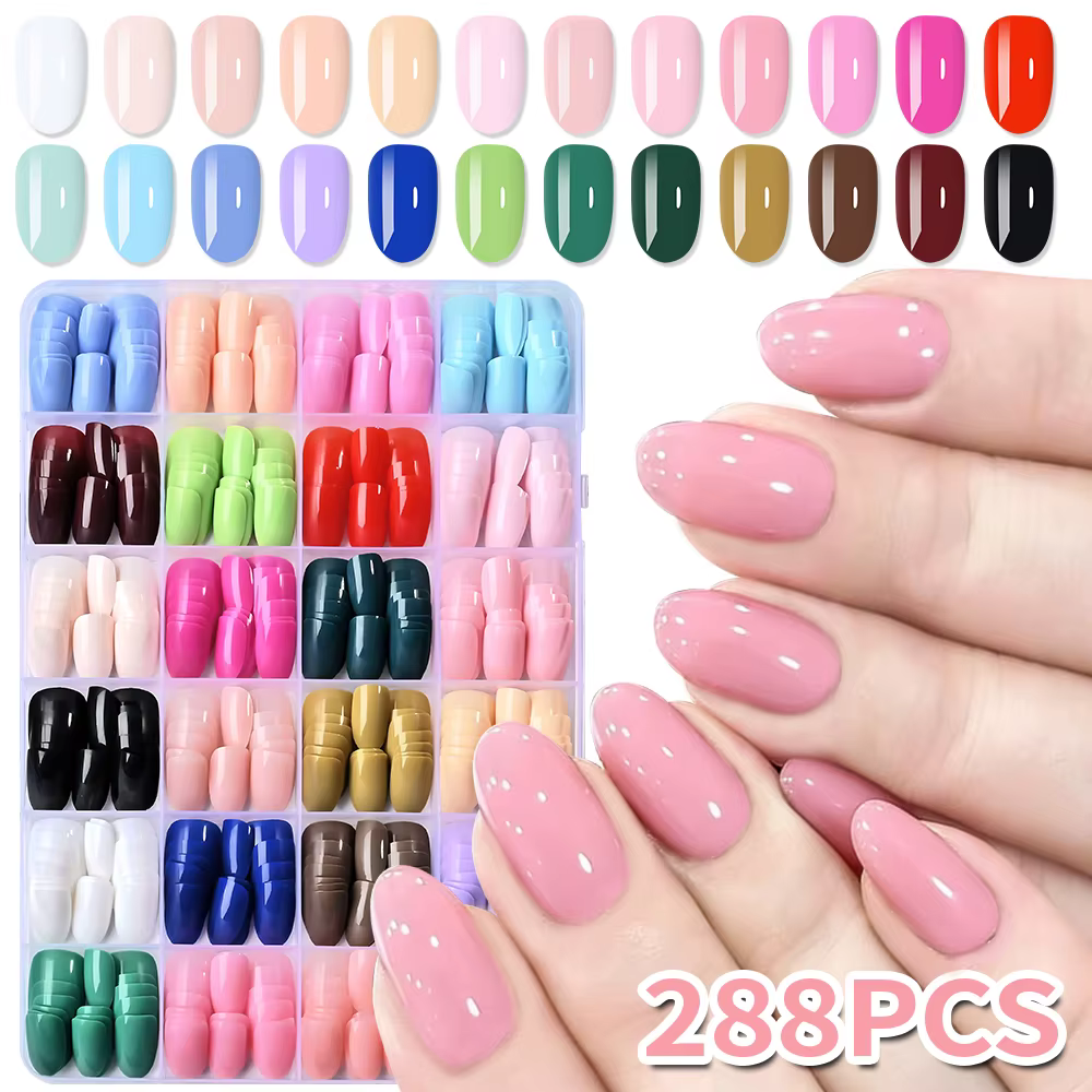 24 couleurs (288 pièces) Faux ongles courts ovales colorés, brillants, couleur unie, couverture comp