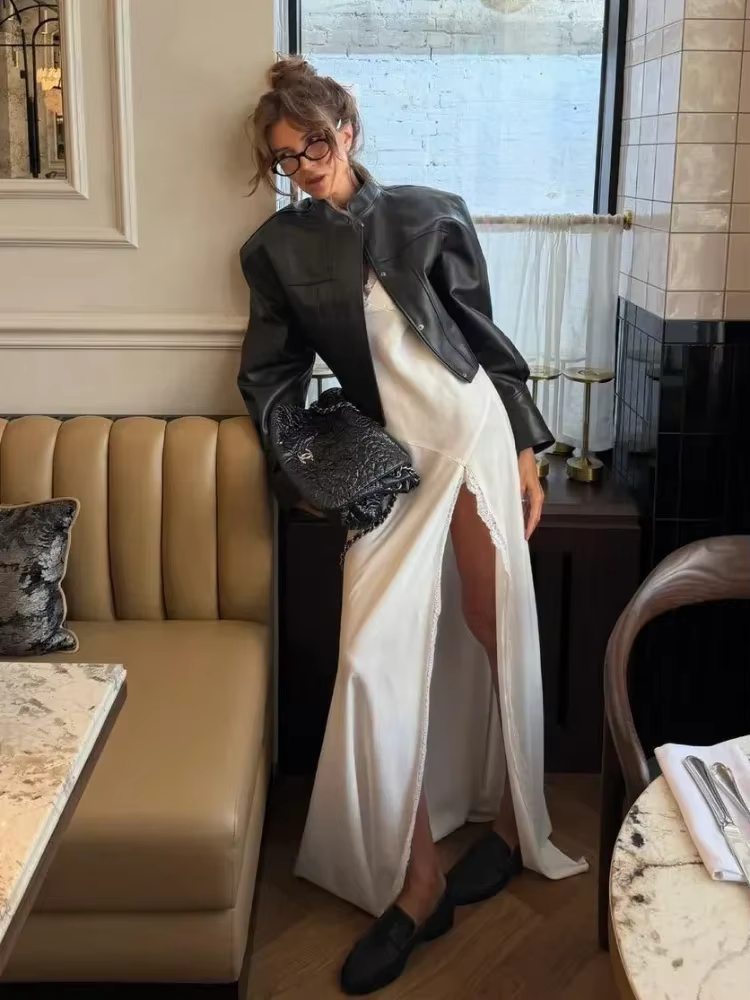Veste courte en similicuir pour femme, col montant, fermeture éclair, épaules structurées, manches l