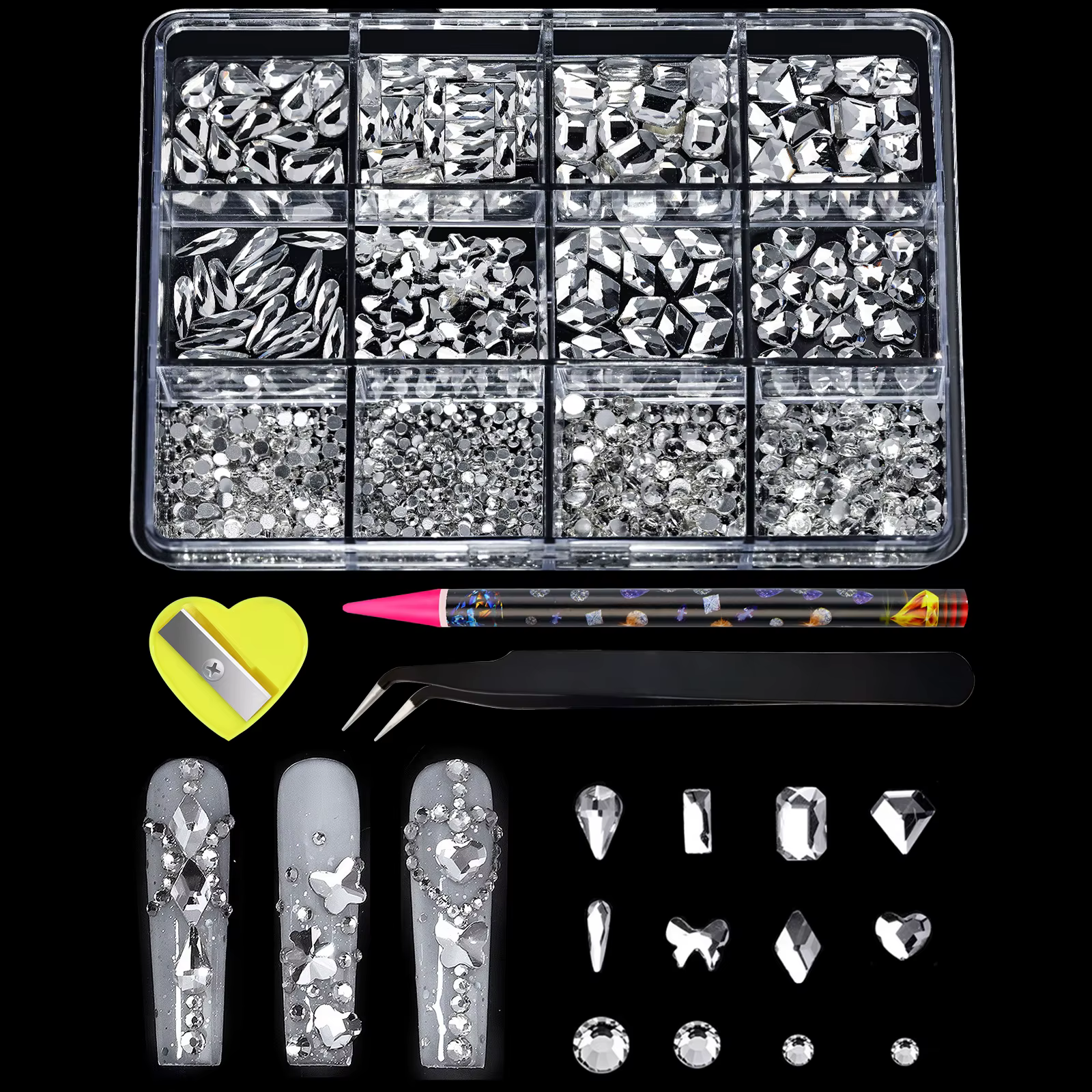 Strass à fond plat pour ongles, 12 grilles, verre de forme mixte, cristal, Kit de breloques de Luxe,