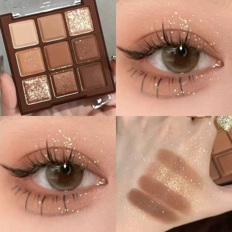 Palette de fards à paupières chocolat 9 couleurs, avec lustre de perles, mélange de paillettes fines