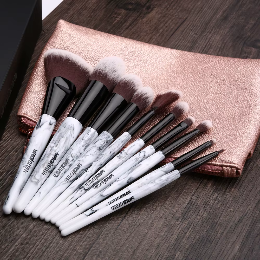 Yaqi-Ensemble de pinceaux de maquillage, cheveux synthétiques, manche en résine marbrée, étui en PU
