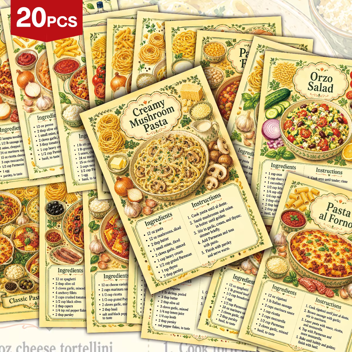 20 cartes postales vintage avec recettes de pâtes italiennes, cartes décoratives pour tableau d'affi