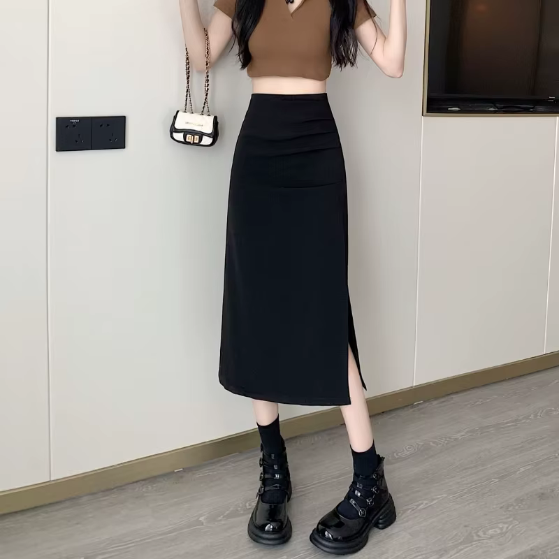 Jupes mi-longues fendues sur le côté pour femmes, style français, mince, plis élégants, simple, comp