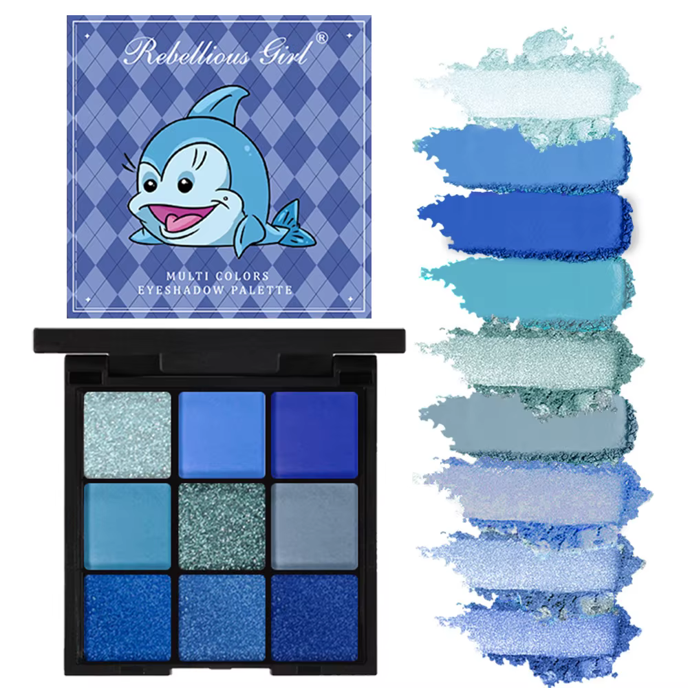 Palette de fards à paupières 9 couleurs – Collection bleue, finitions mates et scintillantes, hautem