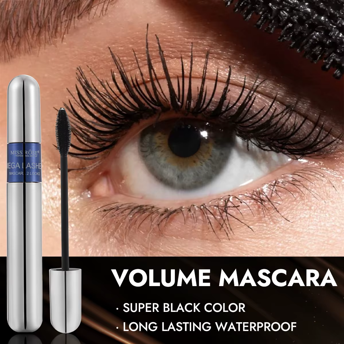 Ensemble de mascara noir MISS ROSE, mascara volumisant allongeant et recourbant à grande brosse, bas