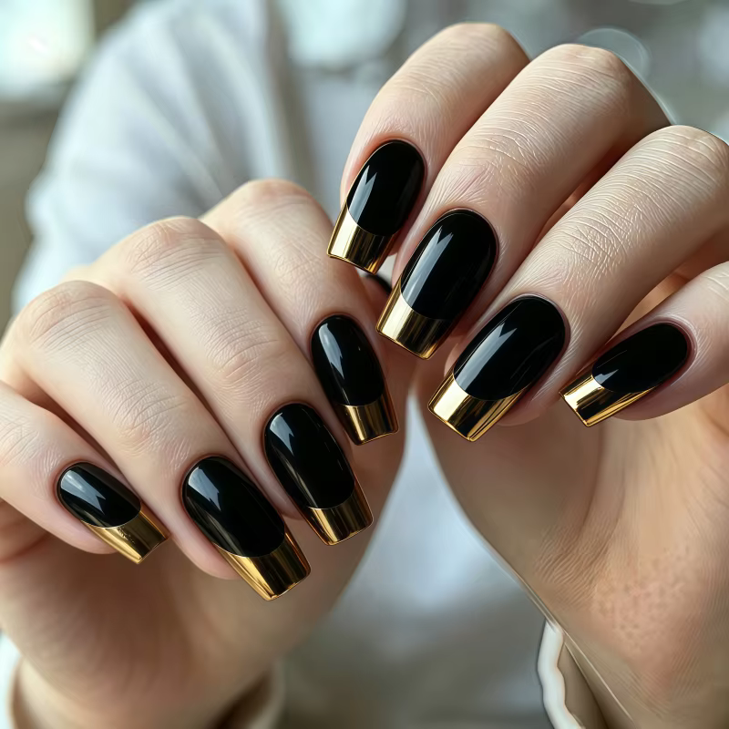 24 faux ongles avec une base nude et une surface noire brillante, et un design à bout français métal