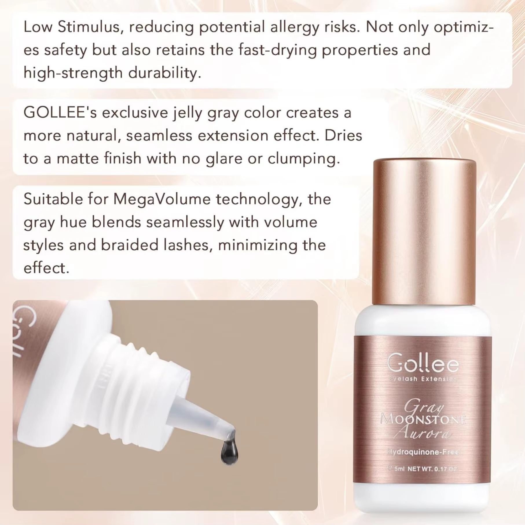 GOLLEE – colle pour extensions de cils grise, 0.5-1 secondes, séchage rapide, rétention, 6-8 semaine