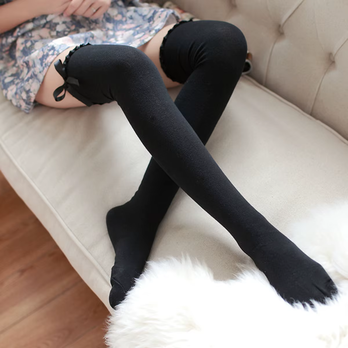 Femmes filles coton haut genou bas coton doux arc mignon longues chaussettes bas