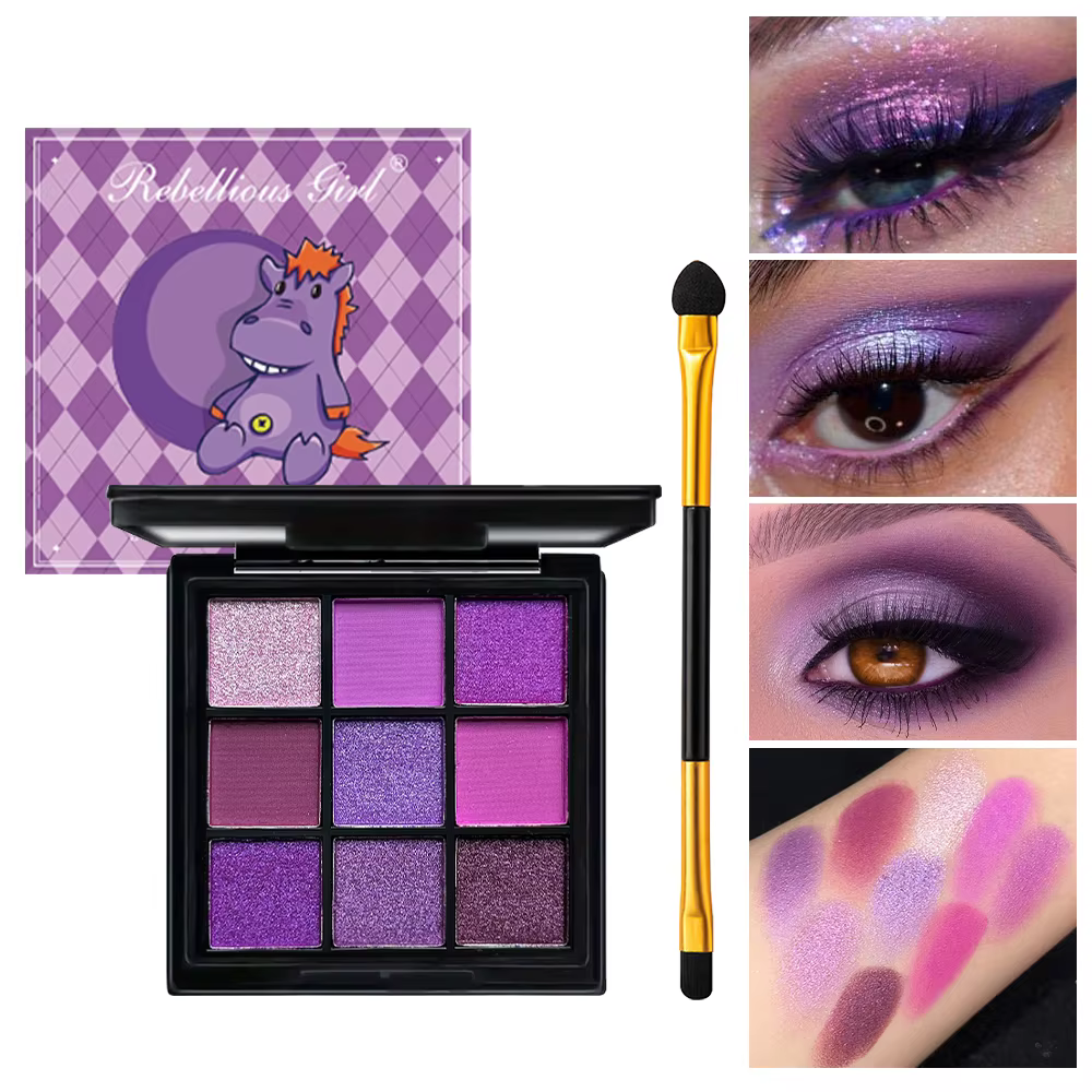 Palette de fards à paupières violets de 9 couleurs avec ensemble de pinceaux à double extrémité grat