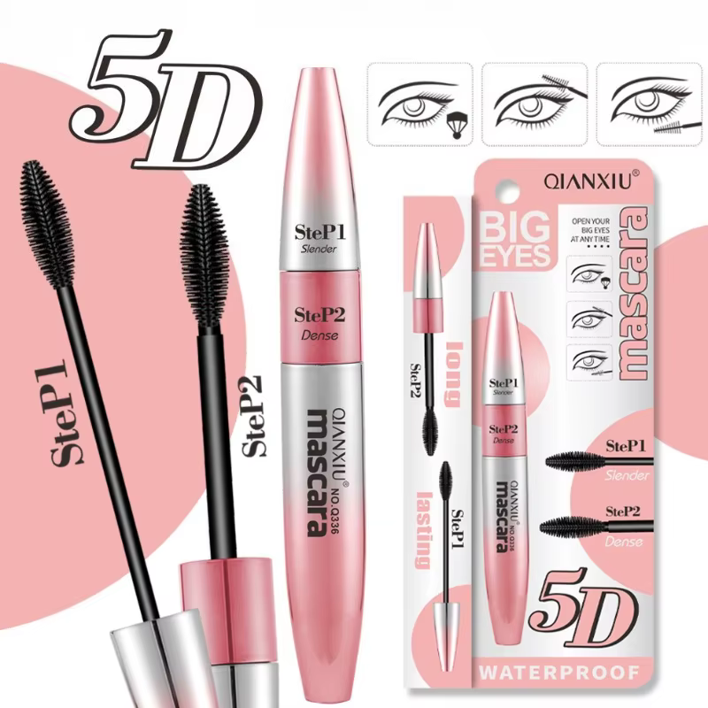 Mascara 2 en 1 imperméable longue durée, allongeant et recourbant, anti-bavures, double effet, cosmé