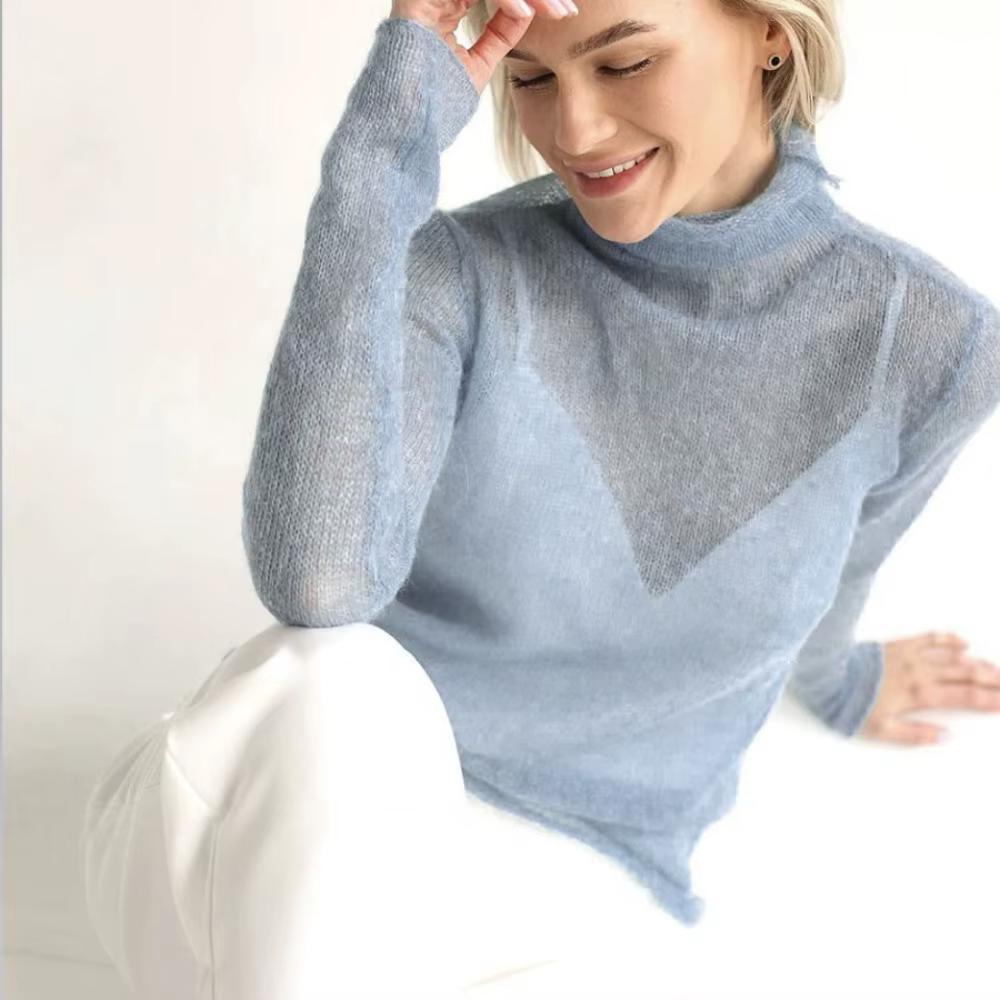 Pull chic en maille ajouré à col roulé, style basique, décontracté, doux et ample, pour le printemps