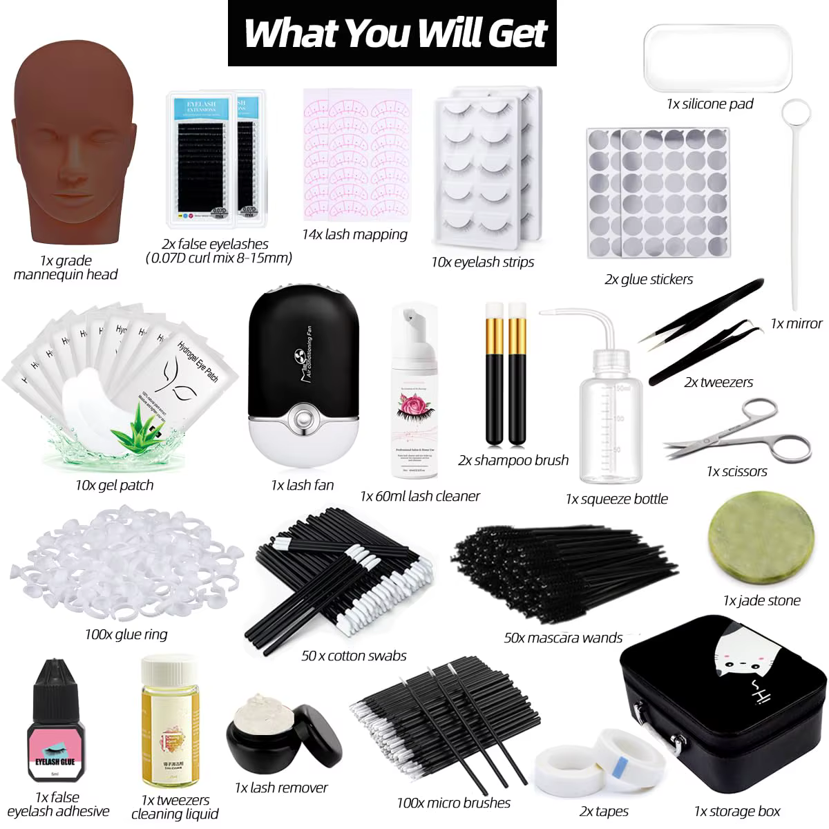 Kit d'extension de cils professionnel avec tête de mannequin, ventilateur USB, shampoing, colle et b