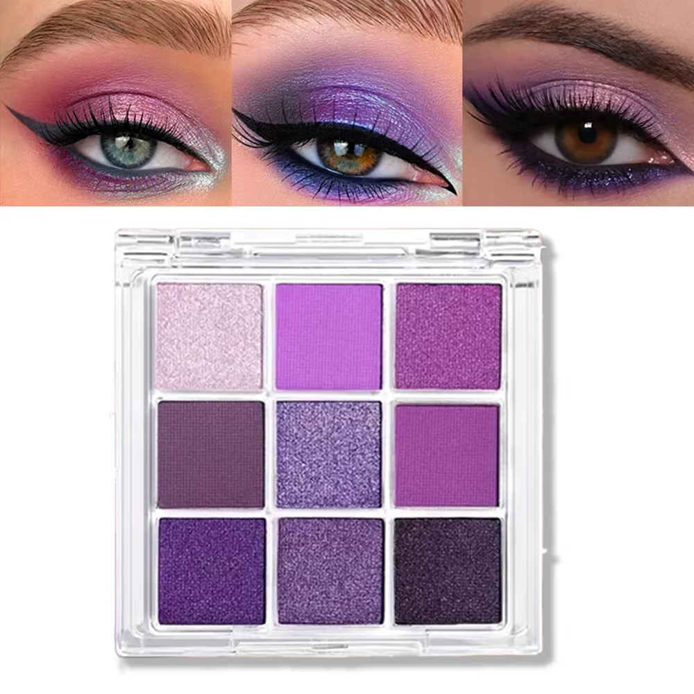 Palette de fards à paupières violets de 9 couleurs – Mat & Shimmer, imperméable longue durée, aspect