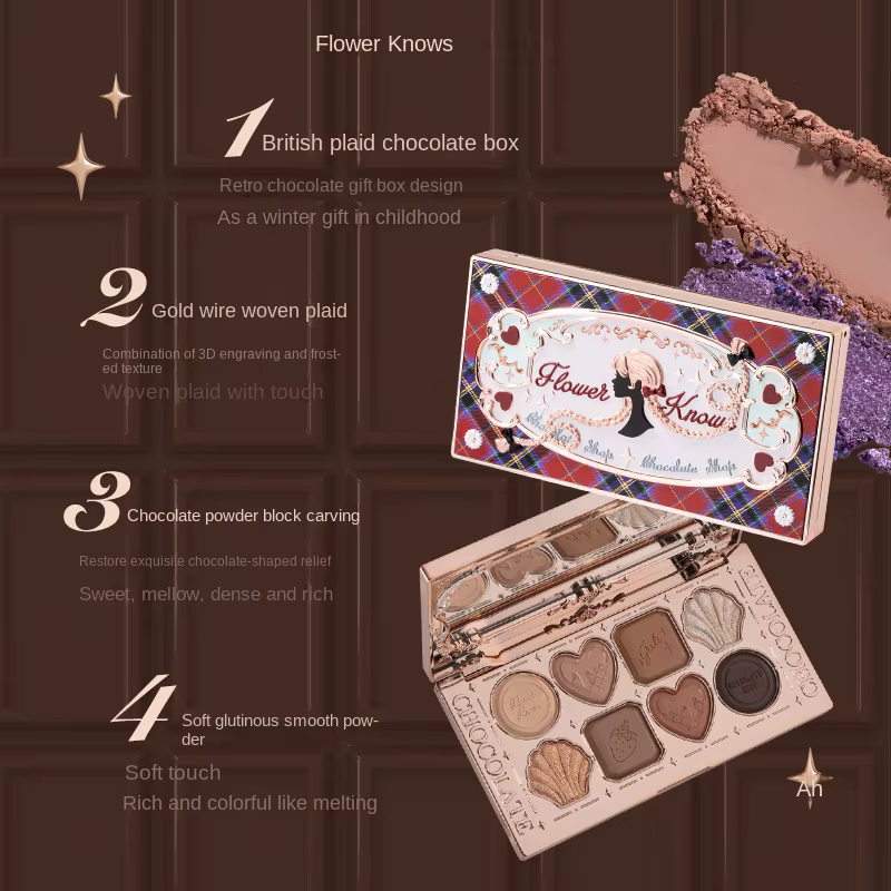 Flower Knows Chocolate Shop Palette de fards à paupières hautement pigmentée Shimmer Mat Glitter Omb