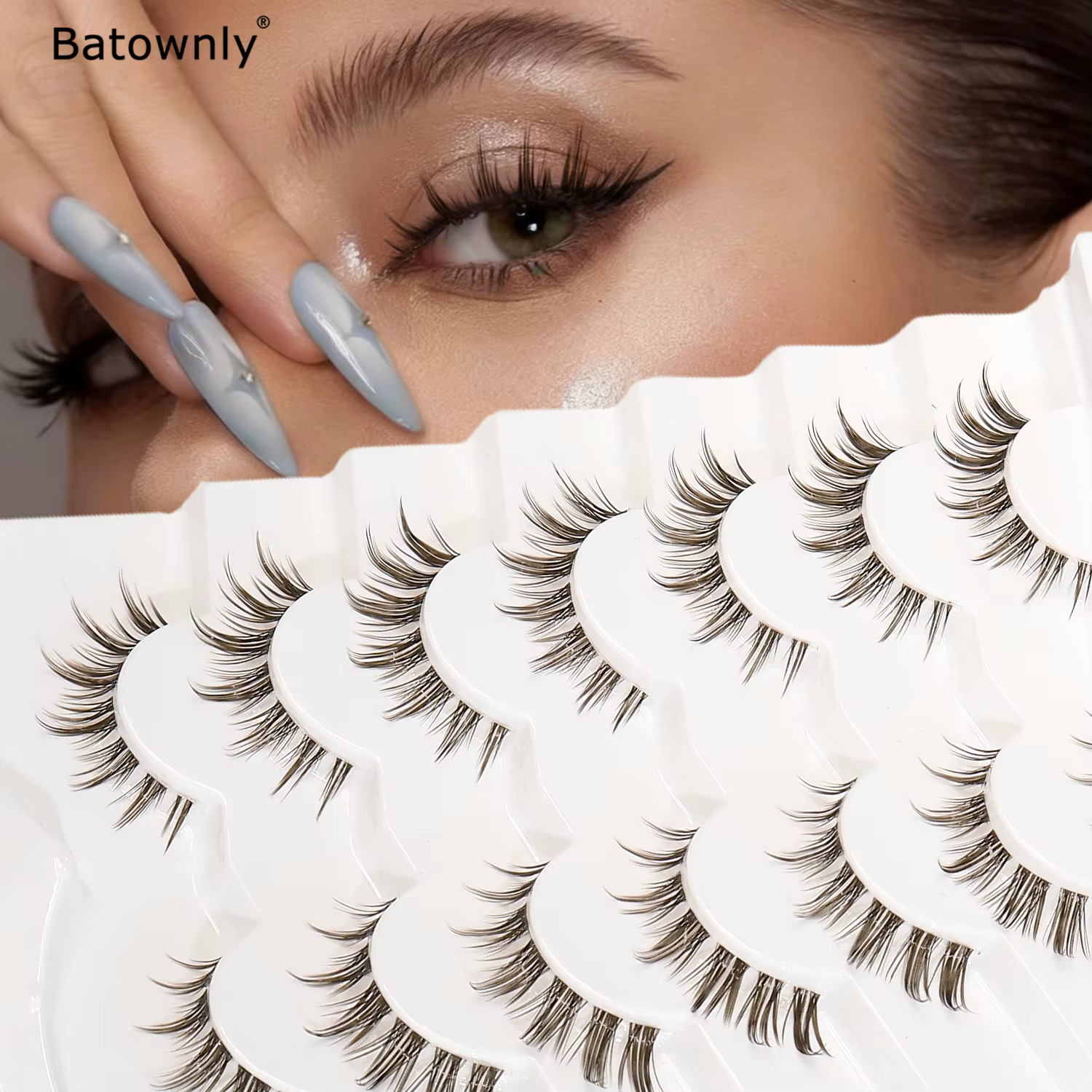 7 paires de faux cils brun foncé, style queue de poisson, mignons et dynamiques, tige transparente, 