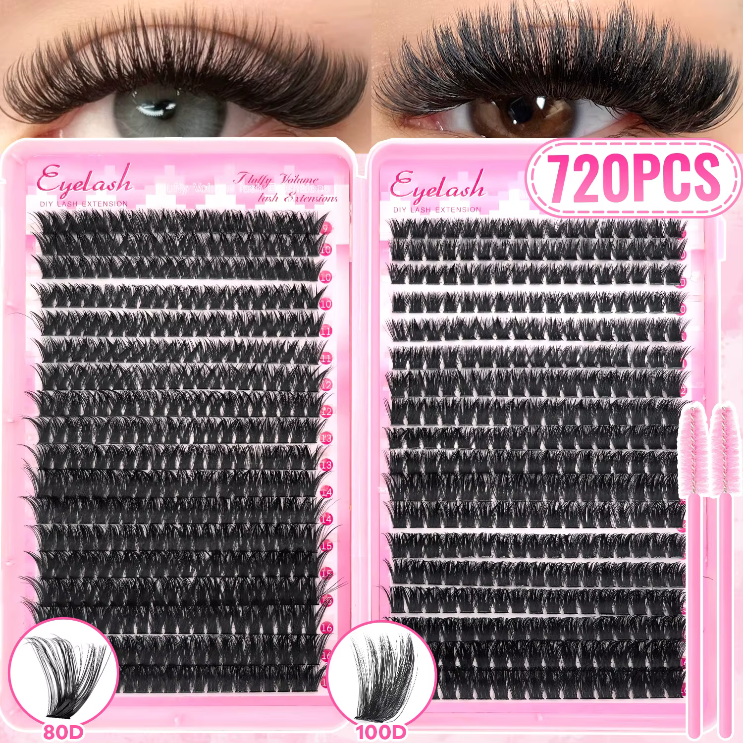 Kit d'extensions de cils en grappe 200/720, style volumineux D Curl, longueurs mixtes 9-16mm, longue