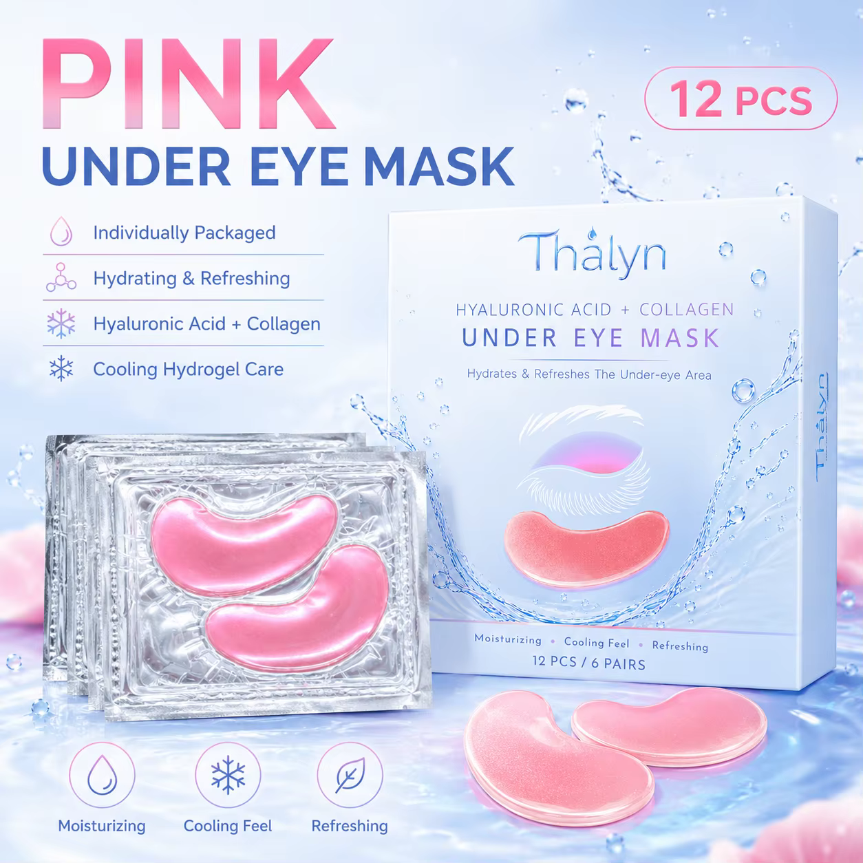 12 Patchs pour les Yeux en Forme de Croissant Rose, Patchs en Gel Hydratants pour les Yeux