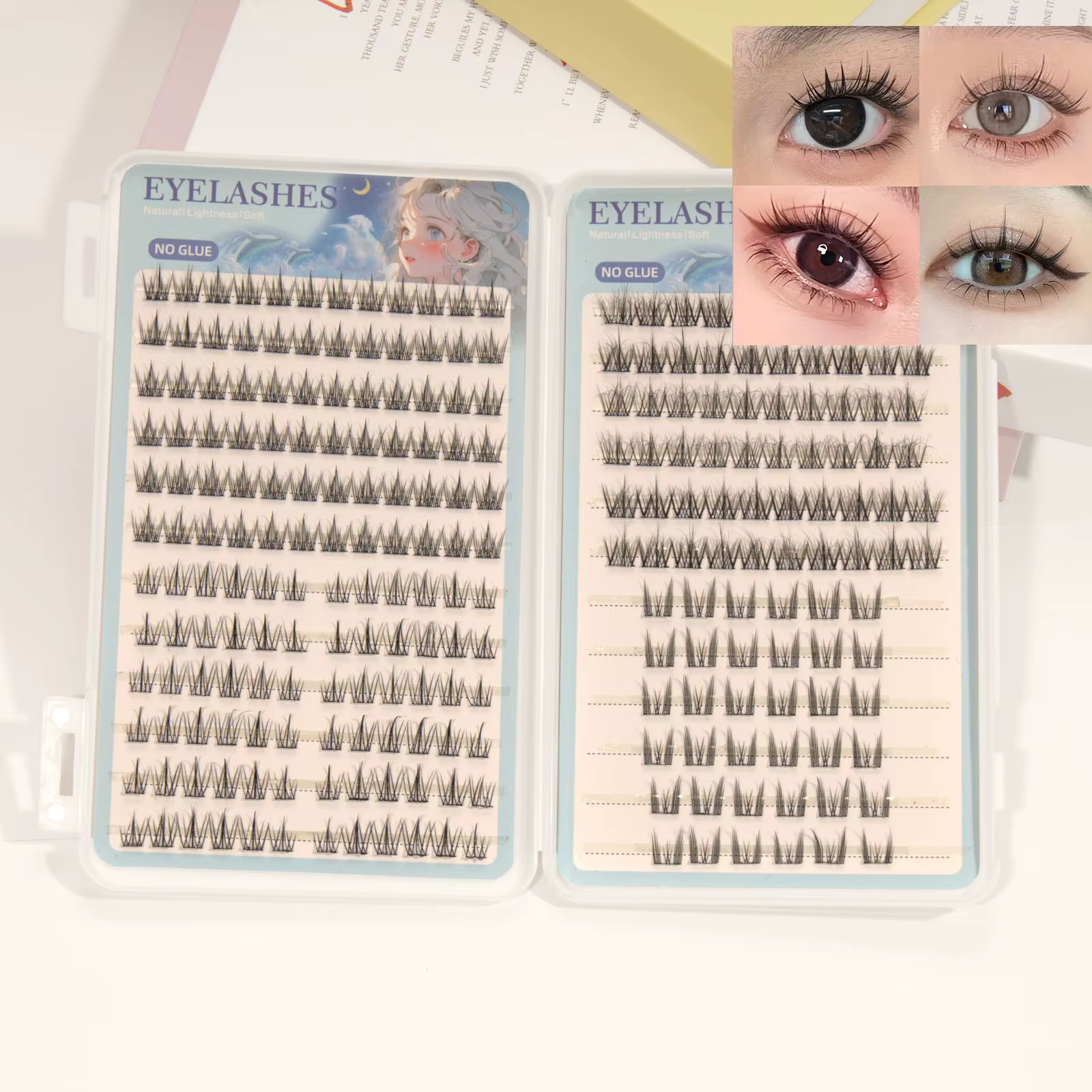 1 boîte de 4 faux cils autocollants - cils bouclés de longueur mixte C, contenant des faux cils tour