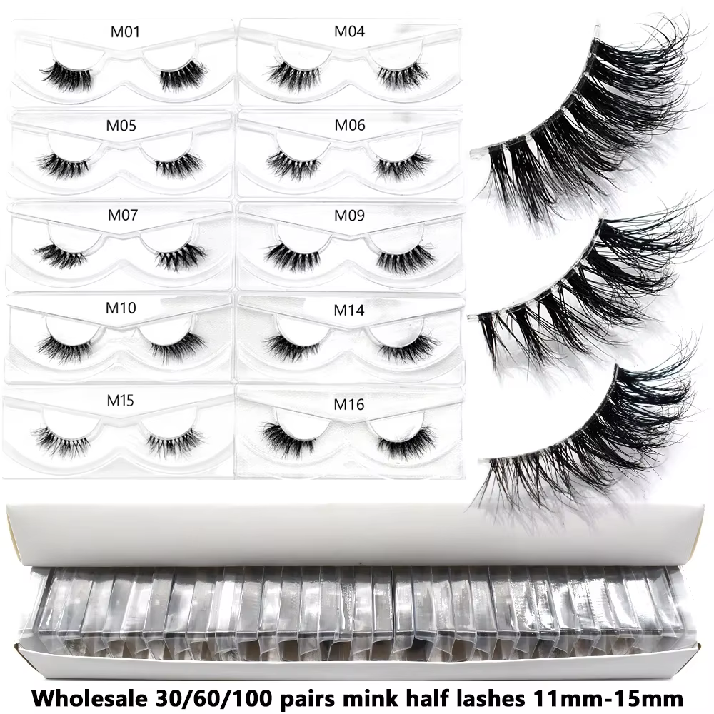 Articles en vrac 10/30/60/100 paires demi-cils de vison naturel longs moelleux vaporeux demi-cils Ex