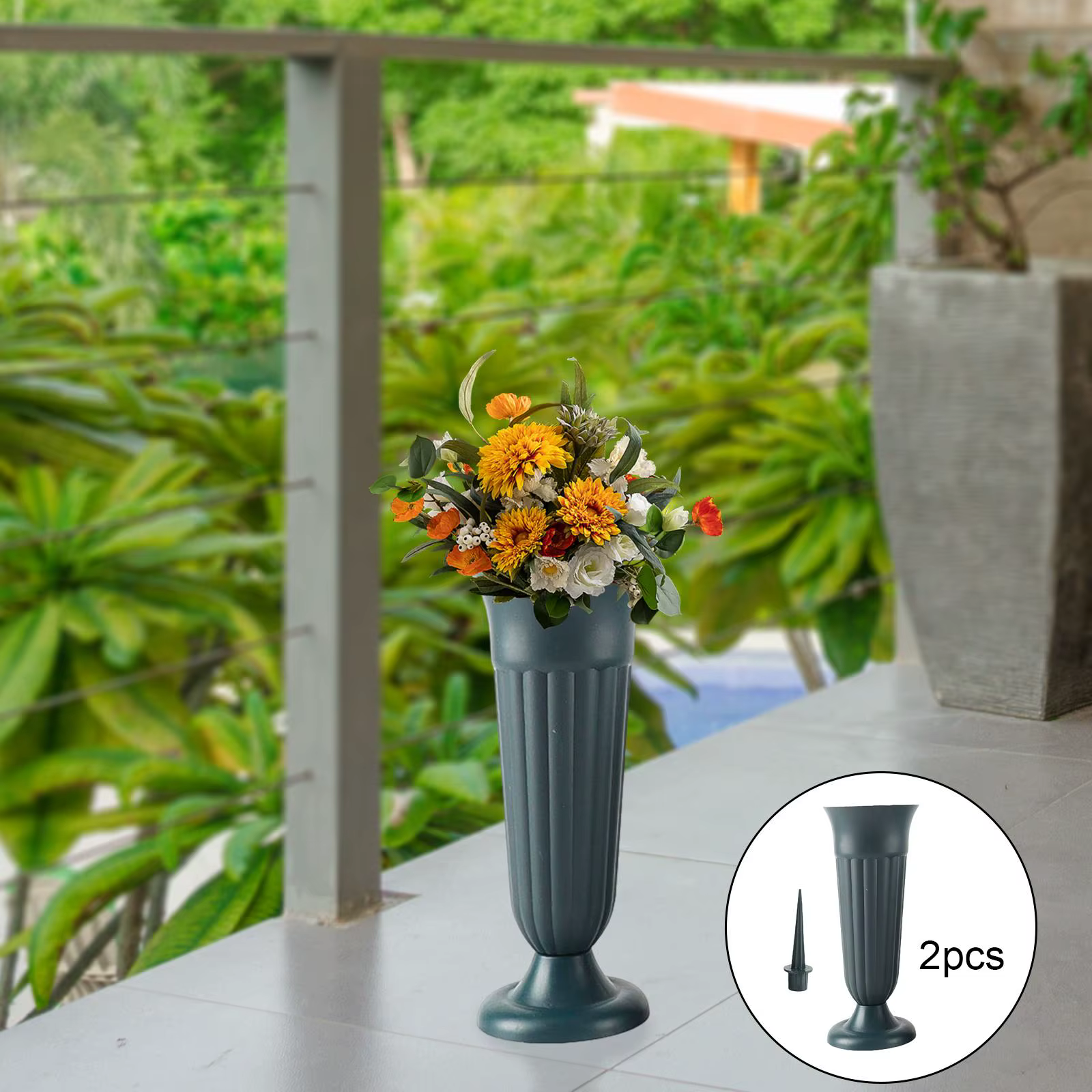 Lot de 2 Vases Floraux Commémoratifs Détachables avec Piquet et Base en Plastique, Vases de Cimetièr