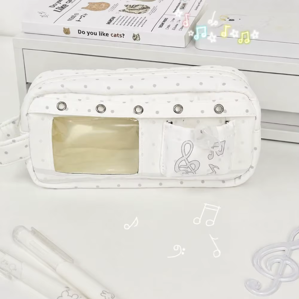 Trousse à crayons Kawaii à pois avec motif note de musique, multi-couches avec poignée, grande capac