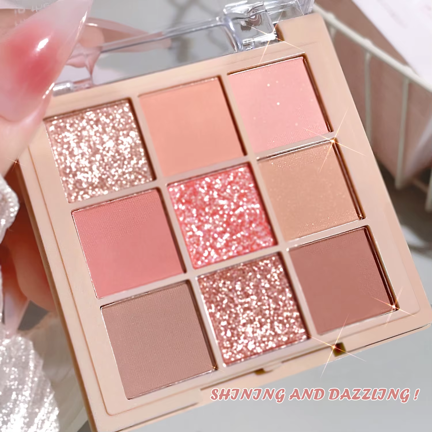 Palette de fards à paupières brillants de 9 couleurs, finition scintillante nacrée, corail marron, c