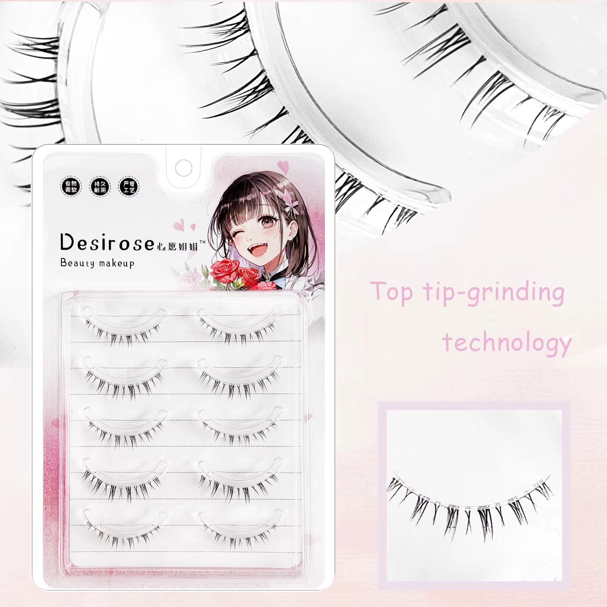 5 paires de cils Manga, cils inférieurs naturels, faux cils faits à la main avec bande transparente,