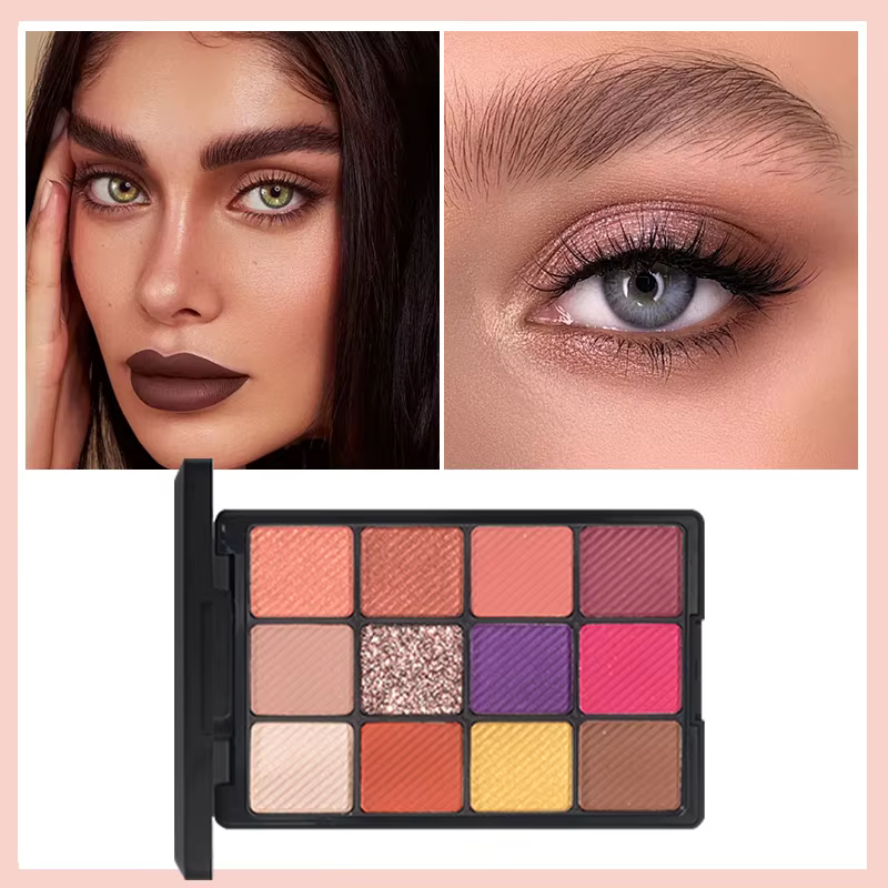 Palette de fards à paupières 12 couleurs – nacrés, mats, à reflets fins, pailletés, tons terreux, fa