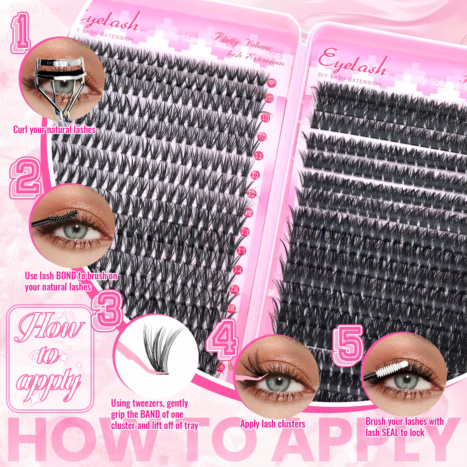 Kit d'extensions de cils en grappe 200/720, style volumineux D Curl, longueurs mixtes 9-16mm, longue