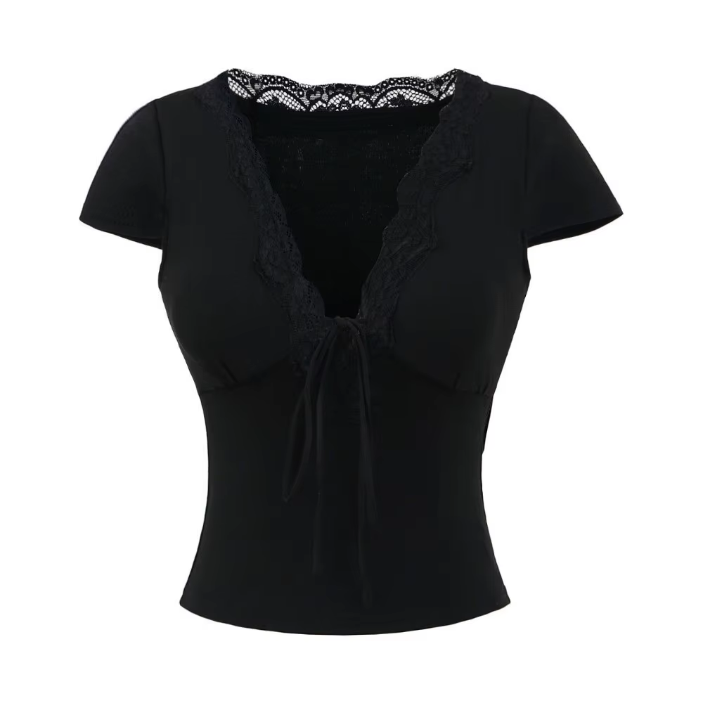 Chic col en V mince culture hauts à manches courtes dentelle fond T-shirt élastique doux Camisole St
