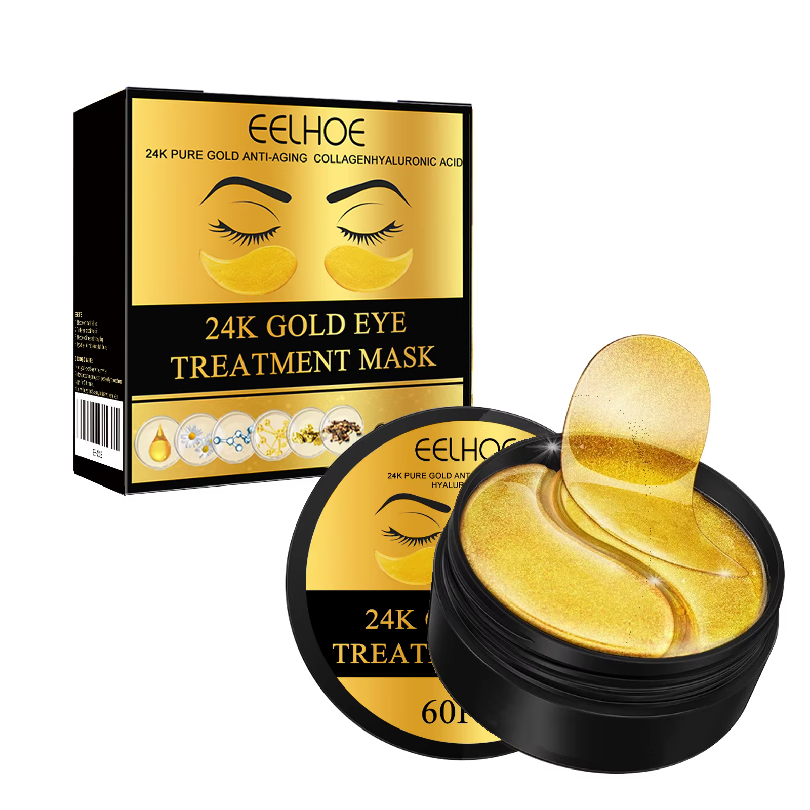 EELHOE 24k or sous les yeux patchs 60 pièces masque pour les yeux or pur Anti-âge collagène acide hy