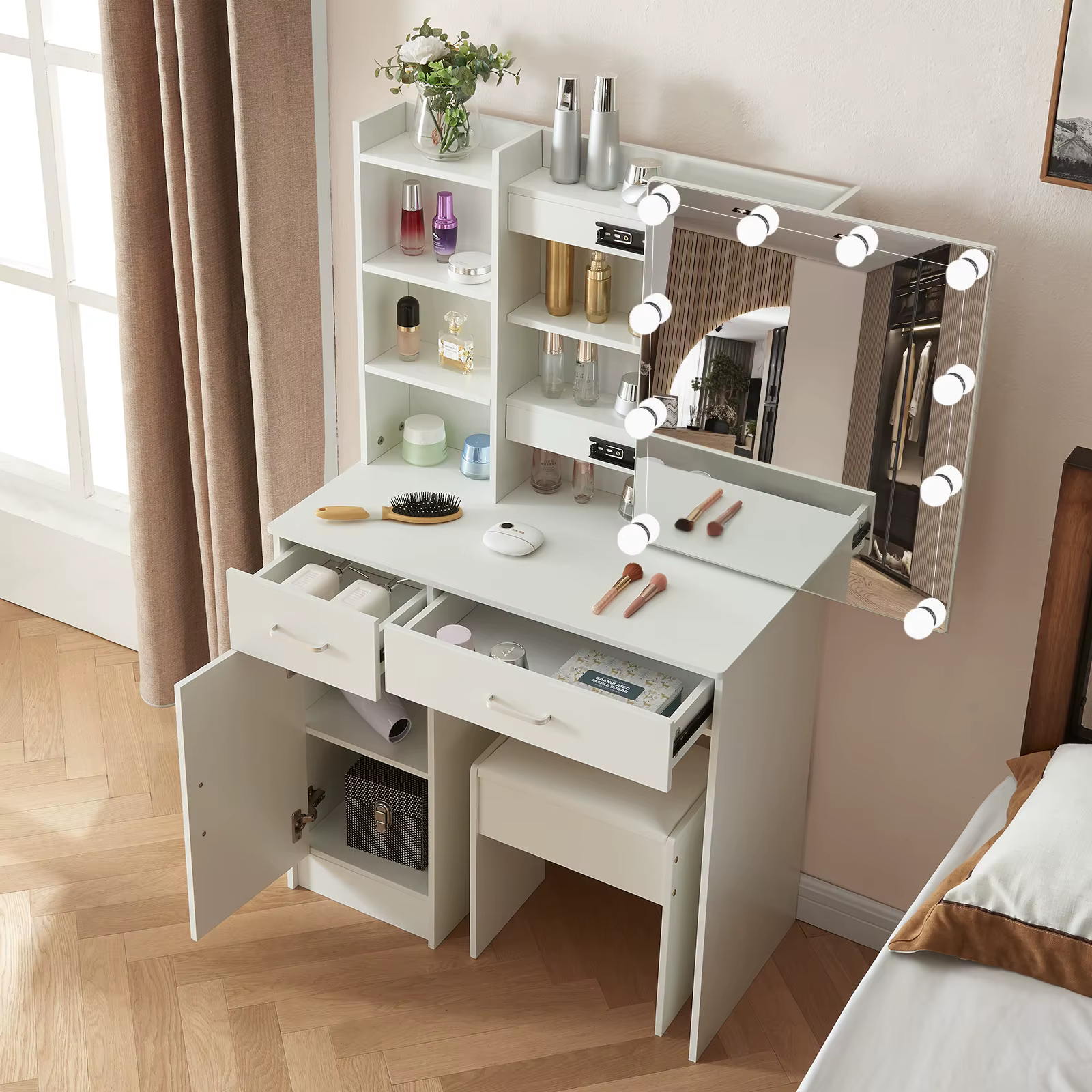 Ensemble de vanité de maquillage avec miroir et lumières, commode, armoire de rangement, 3 modes d'é