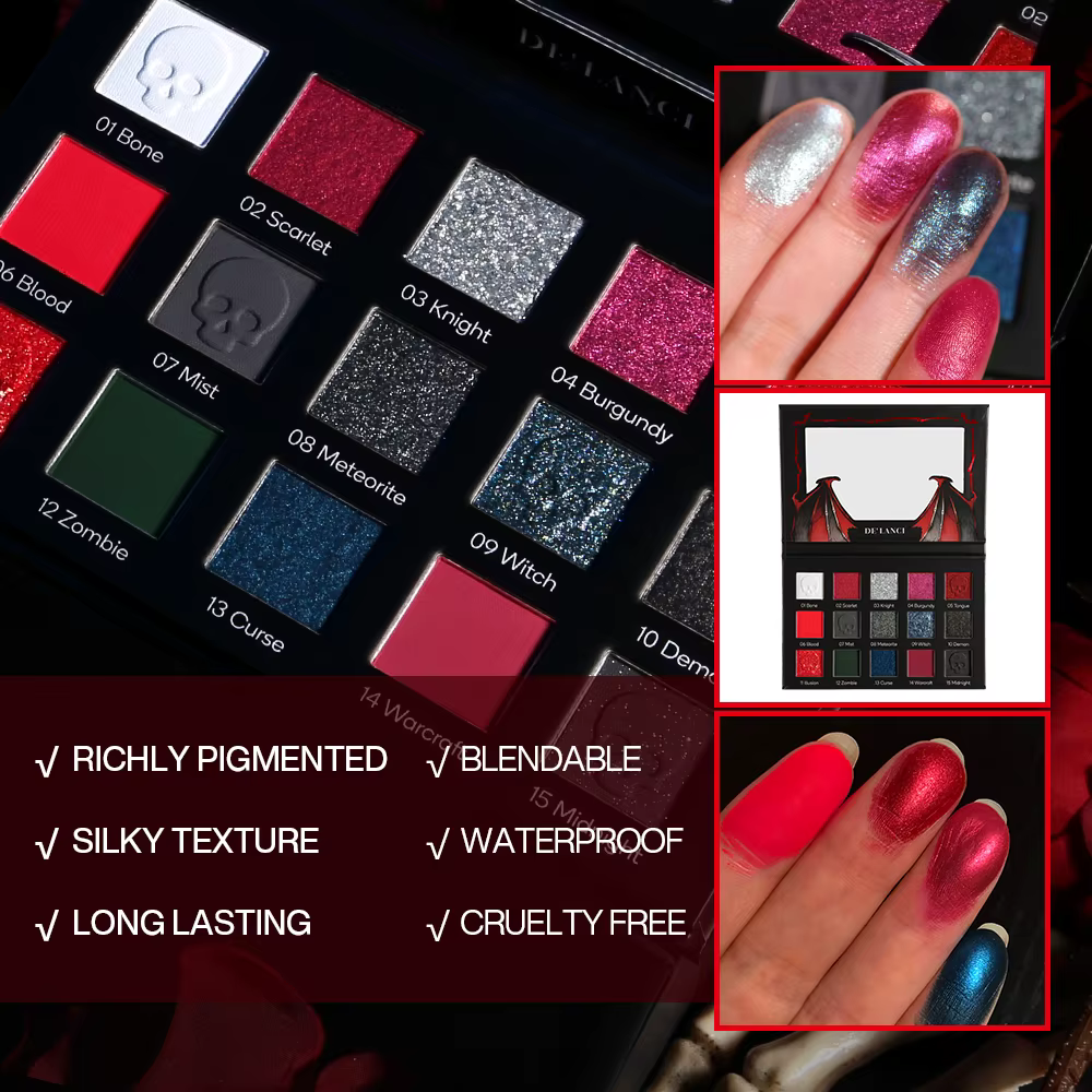 DE'LANCI Palette de fards à paupières rouge noir, maquillage gothique de fard à paupières rouge 15 c