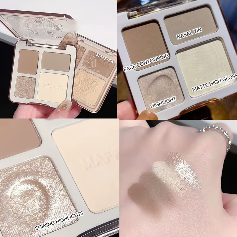 Palette de contour 4 couleurs MAFFICK : illuminateur mat et surligneur scintillant - Palette polyval