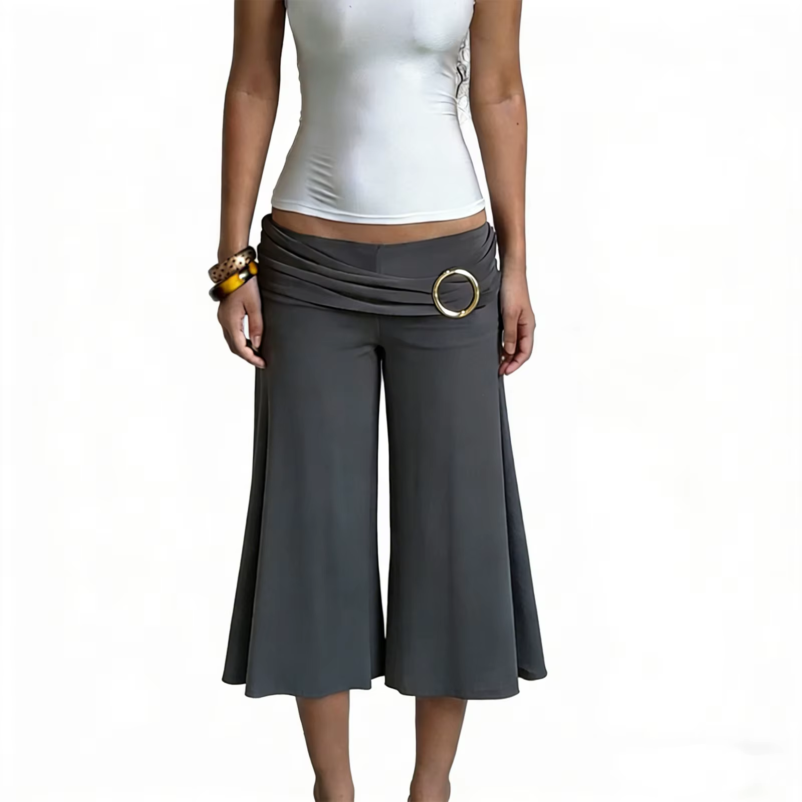 Pantalon taille basse évasé sept pouces pour femme, style simple, boucle métallique, plissé, couleur