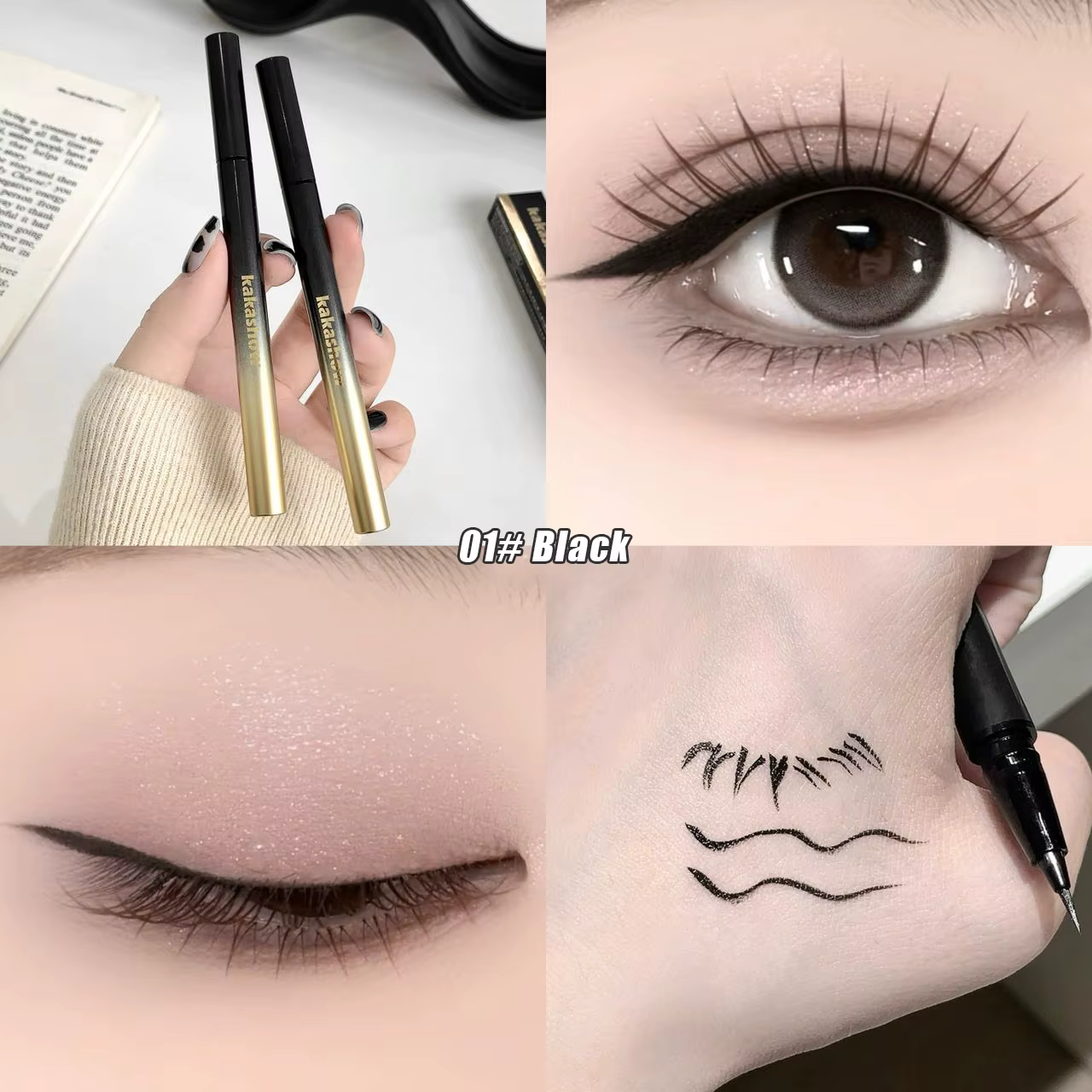 1 stylo eyeliner liquide noir, marron, effet « Silkworm », waterproof, pour un maquillage yeux grand