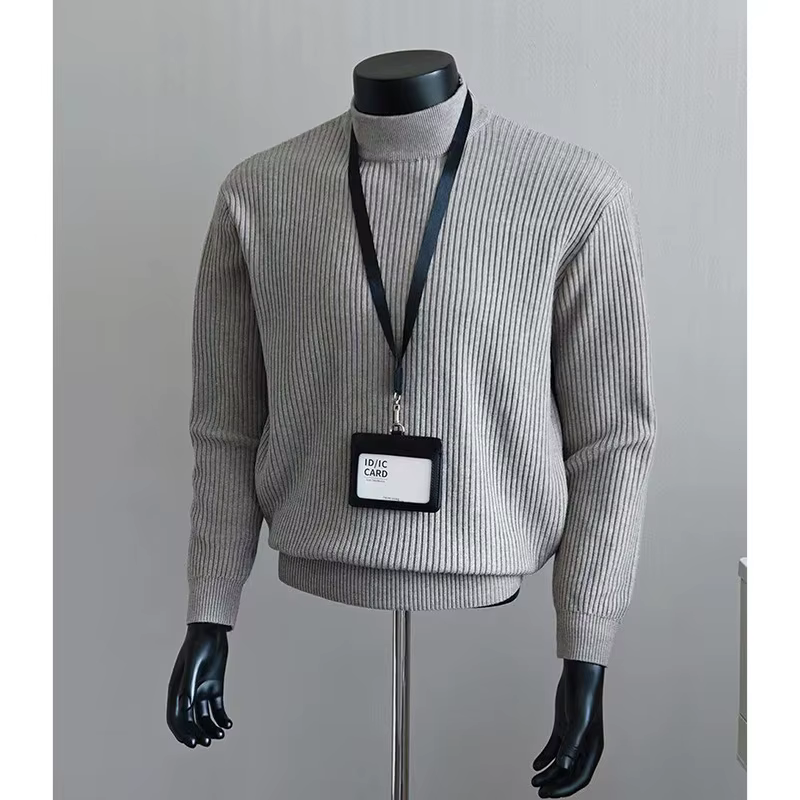 Pull tricoté haut de gamme pour homme, style décontracté américain, à rayures, col semi-montant, col