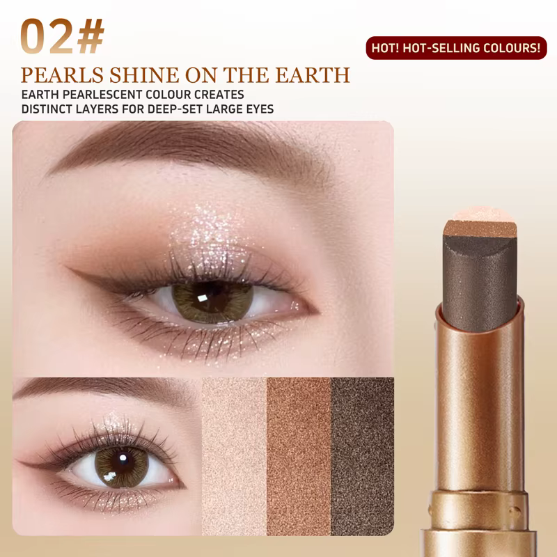 Bâton de fard à paupières tricolore lisse et soyeux, scintillant nacré, parfait pour les débutants, 