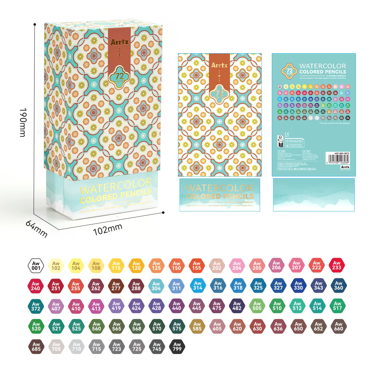 Arrtx 72 couleurs ensemble de crayons de couleur solubles dans l'eau avec brosse en Nylon crayon aqu