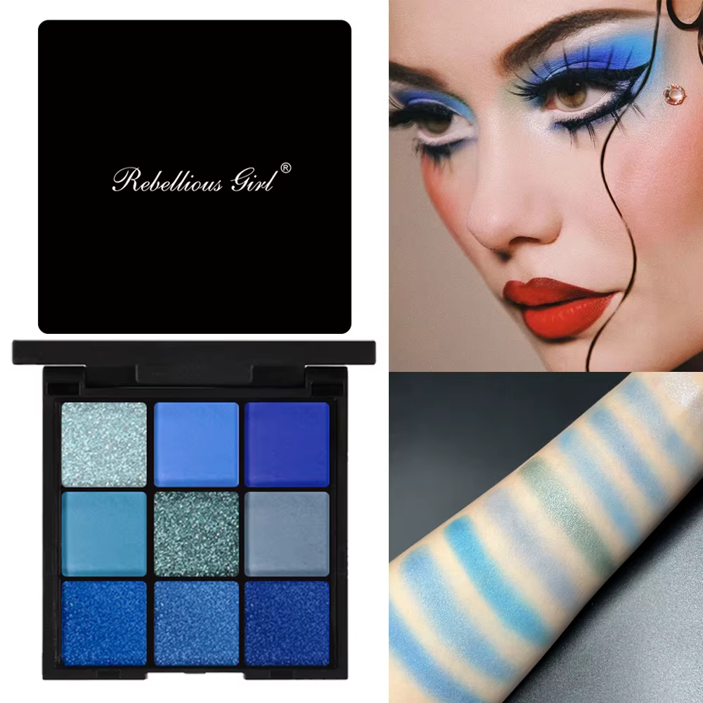 Palette de fards à paupières 9 couleurs, bleu, imperméable, résistant à la sueur, bleu mat, finition
