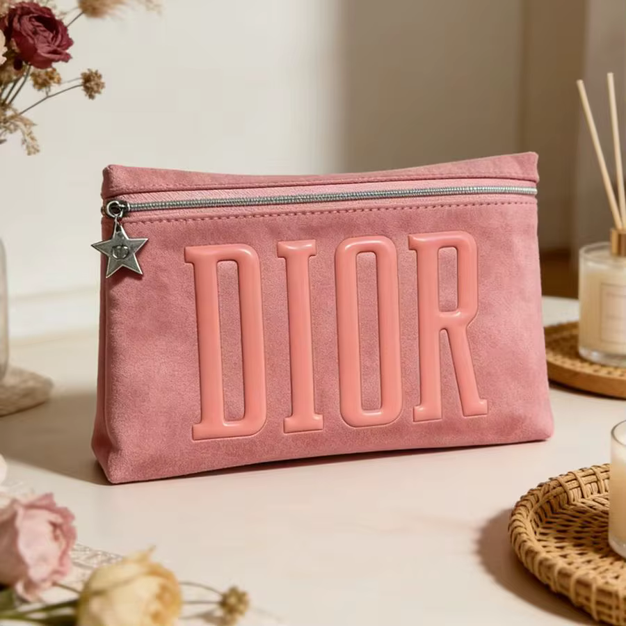 Sac cosmétique en velours rose de Dior, pochette de maquillage de grande capacité avec tirette à fer