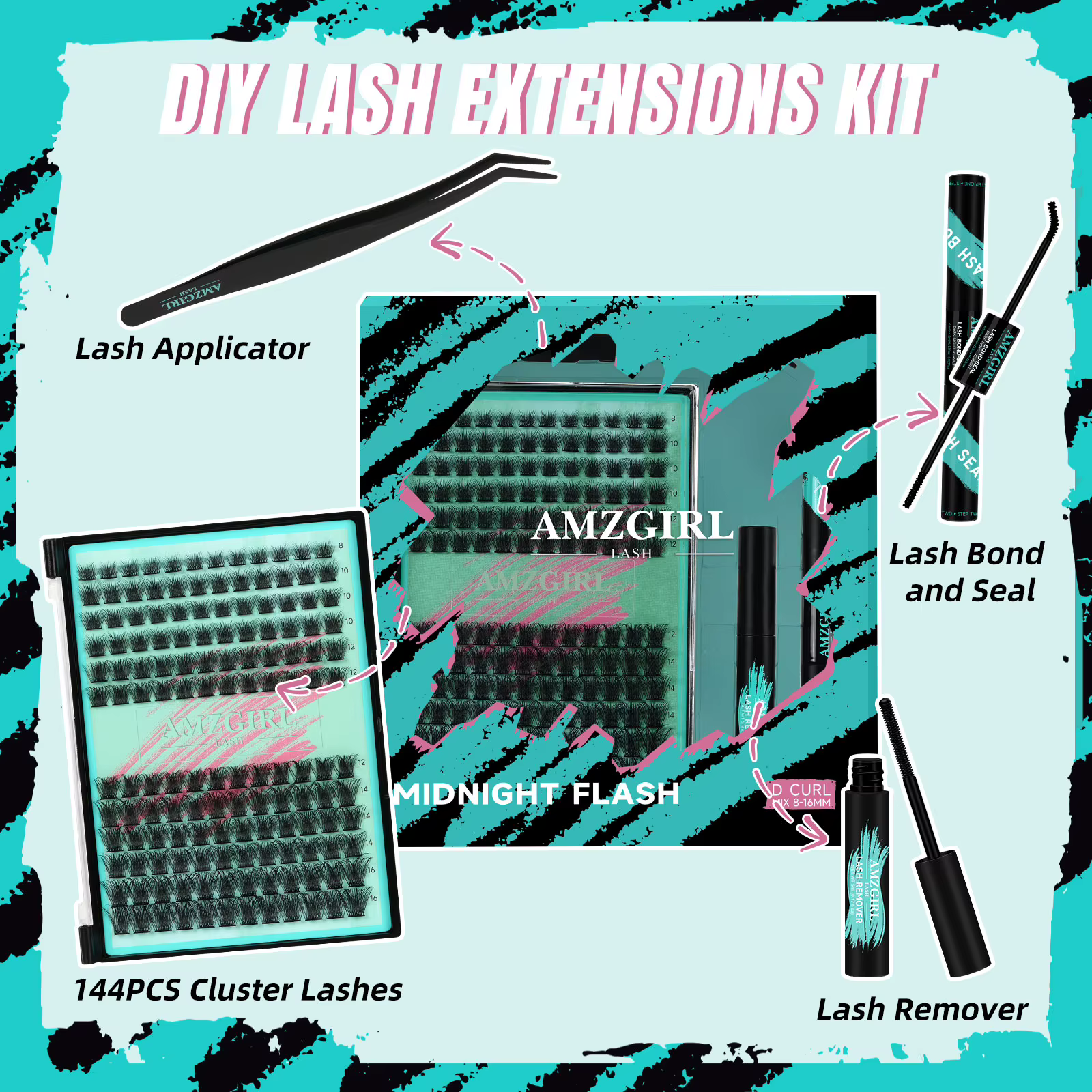 Amzgirl-Kit d'Extensions de Cils avec Pince à Épiler et Dissolvant, DIY, 144 Pièces