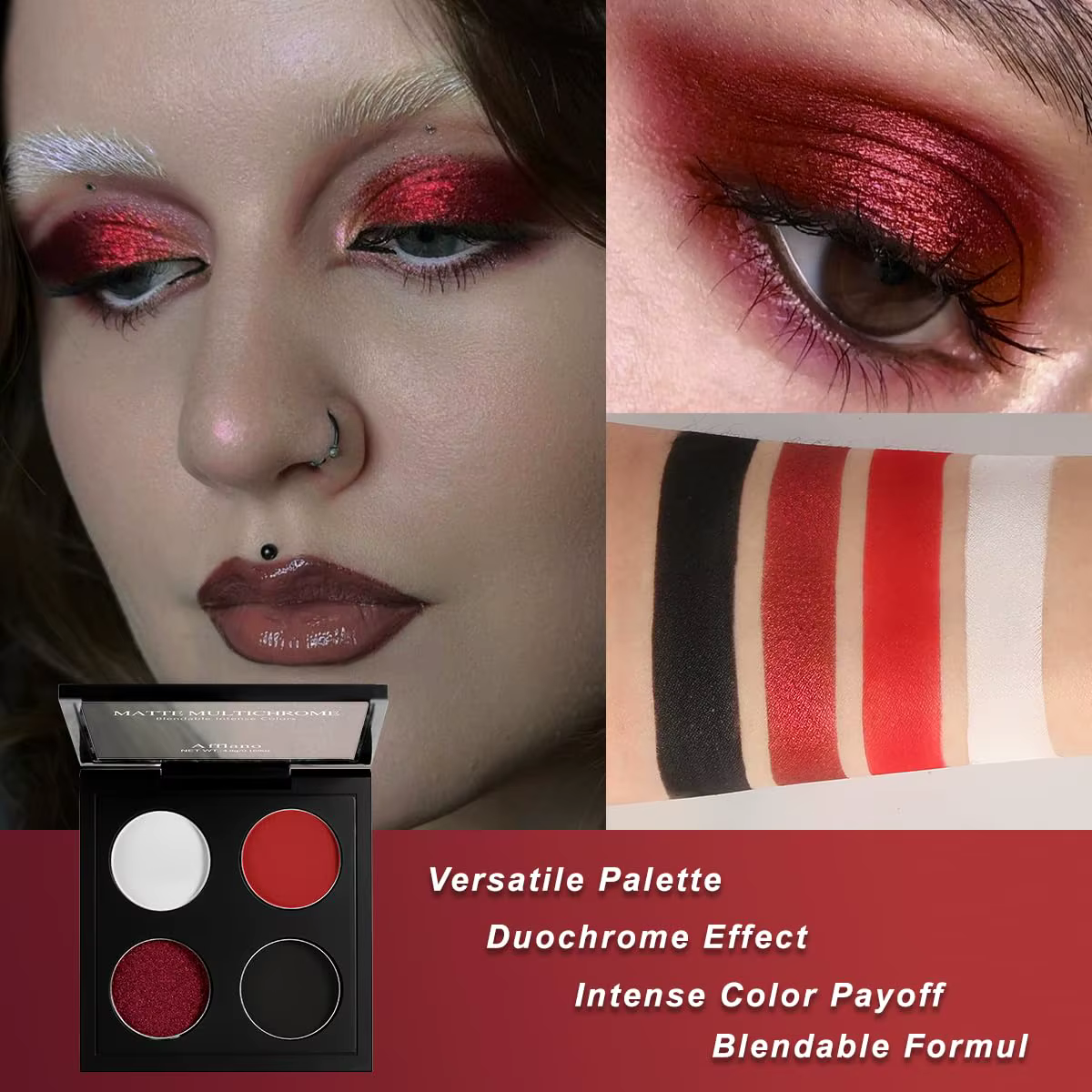 Afflano Palette de fards à paupières, paillettes mates, métallique, gothique, fumé, noir, rouge, hau