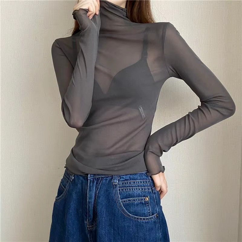 Chemisier astronomique en dentelle à col roulé pour femme, manches longues, vêtements en gaze fine,