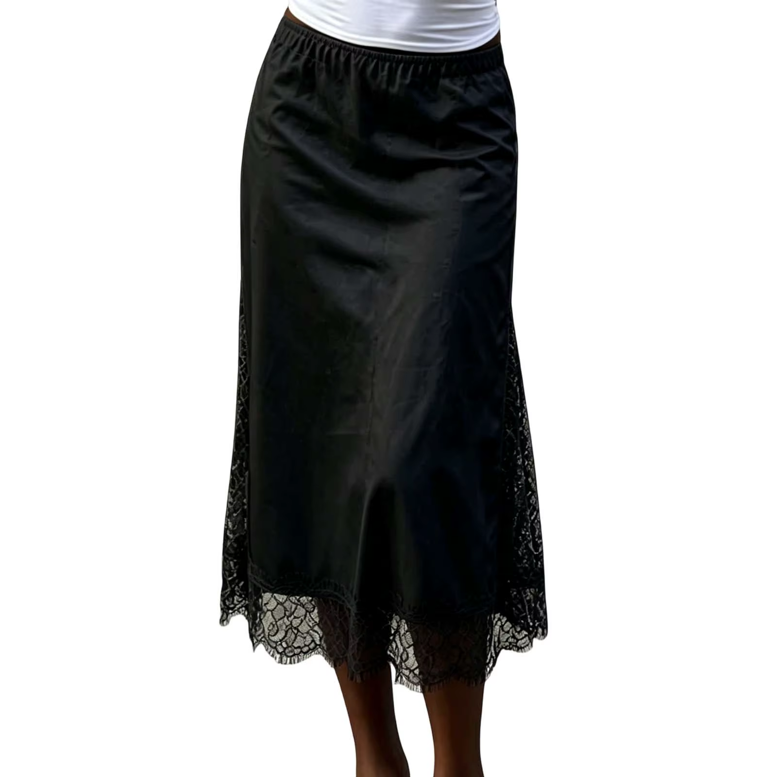 Jupe midi en satin pour femme, élégante, couleur unie, avec bordure en dentelle, coupe ample, longue